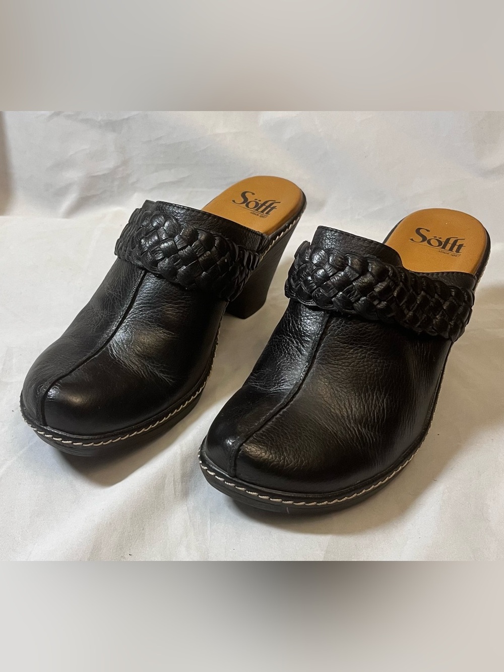 b.o.c. Black Leather Braided Mule Heels